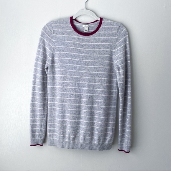 L.L. Bean Gray & White Striped 100% Cashmere Crewneck Pullover Sweater Medium - Picture 1 of 10